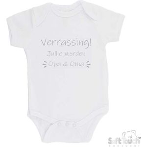 100% katoenen Romper ""Verrassing! Jullie worden Opa & Oma"" Unisex Katoen Wit/zilver (Shiny) Maat 62/68