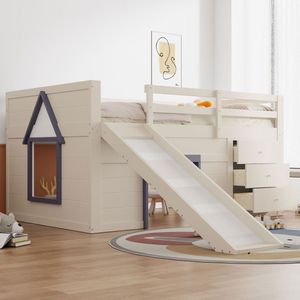 Sweiko Halfhoogslaper - 140 x 200 cm - met Glijbaan - 3 lades - Crèmewit