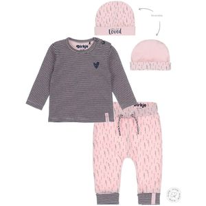 Dirkje Bio Basic SET(3delig) Roze broek printje, Shirt gestreept - mutsje - Maat 56