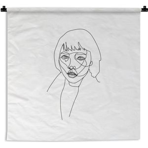 Wandkleed Line-art Vrouwengezicht - 10 - Illustratie starende vrouw op een witte achtergrond Wandkleed katoen 150x150 cm - Wandtapijt met foto
