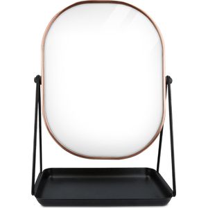 Navaris make-up spiegel met sieradenschaal koper - Tafelspiegel zwart koper - Staande make up spiegel met accessoireschaalje - Roterende opmaakspiegel