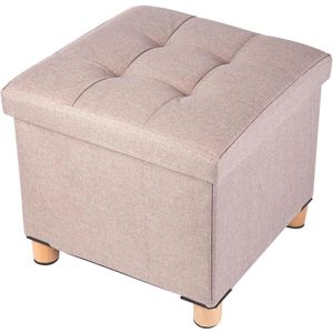 Opvouwbare opbergpoef met houten poten - linnen voetenbank opbergkist - zeer elastische sponsvulling - kaki - 38 x 38 x 38 cm
