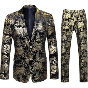 Allthemen Heren Tweedelig Goudkleurig Printpak - Geborduurde Knopen - S