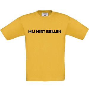 T-shirt voor kinderen met opdruk “Mij niet roepen” (kinder variant op Mij niet bellen) | Chateau Meiland | Martien Meiland | Goud geel T-shirt met zwarte opdruk. | Herojodeals