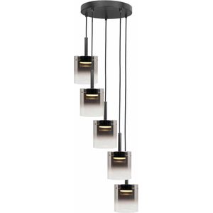 Moderne hanglamp Salerno rond | 5 lichts | transparant / zwart | glas / metaal | in hoogte verstelbaar tot 160 cm | Ø 38 cm | eetkamer / woonkamer lamp | modern / sfeervol design