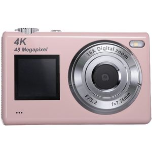 Digitale camera met dubbel scherm - Autofocus 4K 48MP Vloggingcamera Fotocamera met 32GB-kaart, compactcamera, 16x zoom, anti-shake, cadeau voor kinderen, tieners en beginners - roze