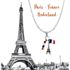 H.A.M.A. - Kettinghanger France (paris) & Nederland - Eiffeltoren Le Tricolore F Vlag + Kralen Nationale Vlag NL - incl. ketting 46 cm - Silver Tone - Casual