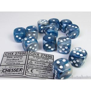 Chessex glanzend leisteen/wit D6 16mm Dobbelsteen Set (12 stuks)