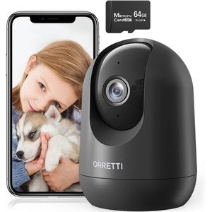 Orretti X21 met EXTRA 64SD card - 3MP DUALBAND WiFi Camera, Installatiegemak met 2.4Ghz en 5Ghz Ondersteuning - Binnencamera, Huisdiercamera, Petcam, Bewakingscamera, Babyfoon, Beveiligingscamera met Bewegingsdetectie - Zwart