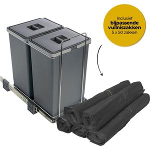 Eleganca Uittrekbare Afvalbak 2x24 Liter - Met vuilniszakken – Inbouw Prullenbak - Afvalbak Afvalscheiding – Geschikt vanaf deurbreedte 35 cm, inbouwdiepte 48 cm & Kasthoogte 55 cm – Antraciet