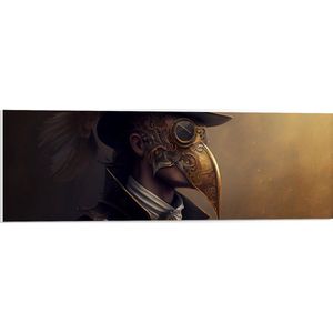 PVC Schuimplaat - Zijaanzicht van Man met Zwarte Hoed en Goud Masker - 90x30 cm Foto op PVC Schuimplaat (Met Ophangsysteem)