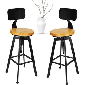 Asaam 2-delige retro houten barkruk -Draaibaar met rugleuning, In hoogte verstelbare vintage stoelzitting 64-84 cm voor keuken, woonkamer