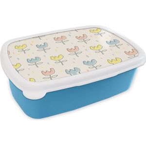 Broodtrommel Blauw - Lunchbox - Brooddoos - Bloemen - Pastel - Geboorte - 18x12x6 cm - Kinderen - Jongen