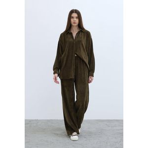 Dames Katoen Velvet Set Reyyan / Broek & Blouse / Khaki / maat L