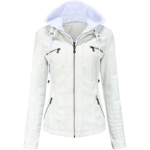 Dames jack in PU leer, afneembare capuchon, lange mouwen met rits, motorbike jack, big size jack, wit XXL maat