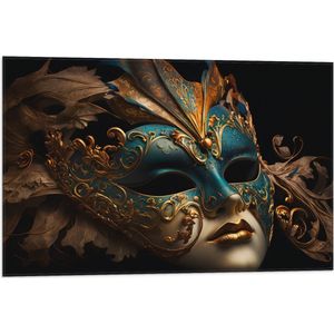 Vlag - Venetiaanse carnavals Masker met Blauwe en Gouden Details tegen Zwarte Achtergrond - 75x50 cm Foto op Polyester Vlag
