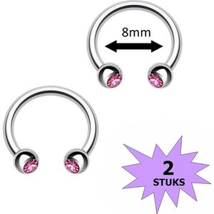 Fako Bijoux® - Circular Barbell Piercing - Hoefijzer Kristal Duo - 8mm - Roze - 2 Stuks