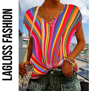 LaGloss® Dames Western Streep Tanktop – Kleurige V-Hals T-Shirt – Casual Korte Mouw Top – Lente/Zomer/Herfst – Licht Elastisch – Maat M