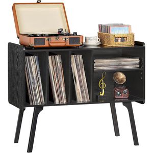Draaitafel standaard met 4 kasten voor maximaal 220 albums, grote platenspeler standaard met massief houten poten, mid-century platenspeler tafel, zwarte vinylhouder opbergrek voor woonkamer