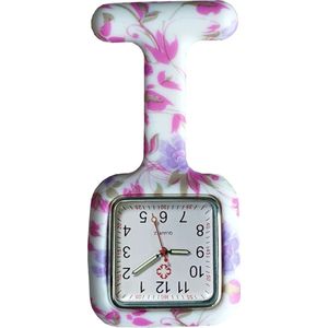 Fako® - Verpleegstershorloge - Zusterhorloge - Verpleegster Horloge - Siliconen Vierkant Print - Bloemen Roze/Paars