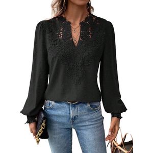 Dames tops V-hals Boho shirts met lange mouwen Zwitserse stippen Chiffon blouses Flowy kant Haakkleding Casual Trendy tuniek