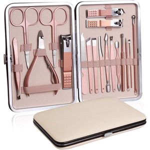 18 in 1 Professionele Pedicure Set - Manicure Set - Nagelschaar Verzorgingsset met Lederen Reisetui Roze - Complete Nagelverzorgingskit met Nagelschaar en Etui