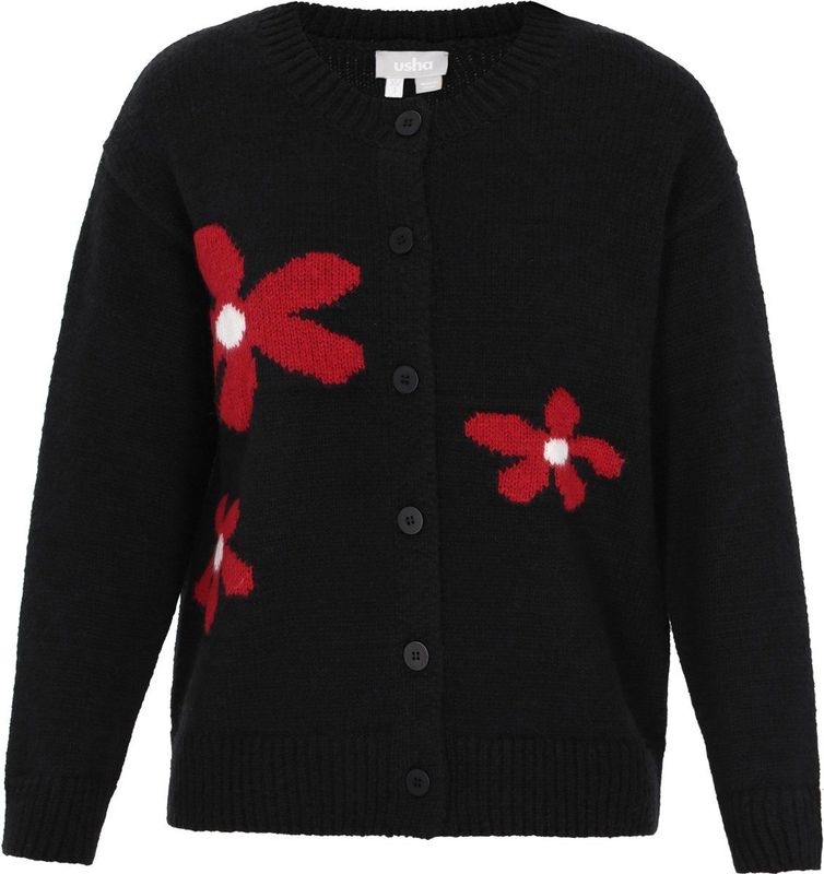 Usha - Gebreid Vest - Rood/Zwart/Wit - Lange Mouw - Normale Pasvorm