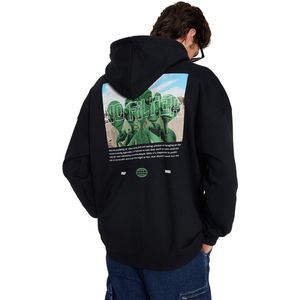 Trendyol Zwarte Oversized/Wijde Snit Capuchon Fleece/Warme Sweater Met Ruimteprint Tmnaw24Sw00095