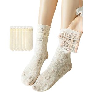 6 paar - wit - Dames enkelsokken met kant - mesh kanten kousen - mesh losse sokken - schattige - casual - effen sokken - dames casual enkelsokken met ruches - ademende sokken - dunne sokken