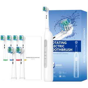 Gloovon - Elektrische Tandenborstel - 6 Opzetborstels - Slimme Timer - IPX7 Waterdicht - Wit