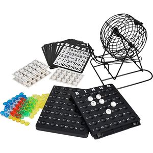 Bingomolen 20 cm - Bingospel - Metalen zwarte molen - Complete set inclusief 75 Bingo ballen - Bingo kaarten - Fishes - Controle bord - Korf 13,5 cm