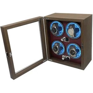 Watchwinder Hout met LED - Horloge Opwinder - Automatische Horloge Winder voor 4 horloges - Horlogebox - Rood - Valentijnsdag cadeau