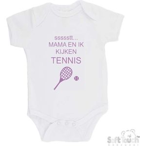 100% katoenen Romper ""ssssstt... Mama en ik kijken tennis"" Meisjes Katoen Wit/lila Maat 56/62
