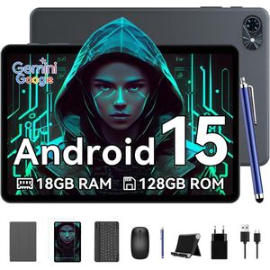 TABWEE Tablet T80 - 18GB RAM - 128GB ROM - 6000mAh - 5G WiFi - Met Toetsenbord(QWERTY) - Muis - Pen - Hoes - Android 15 - Bluetooth 5.0 - Grijs