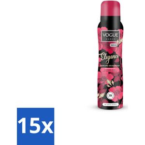 15 x Vogue Elegance Parfum Deodorant 150 ml - Patchoeli - Langdurige Geur - 24 Uur Bescherming - Geen Witte Strepen