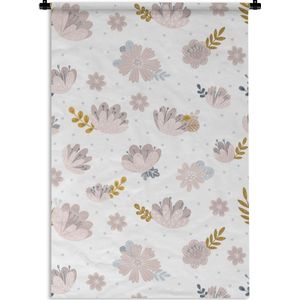 Wandkleed Kinderkamer Patroon - Kinderpatroon met paarse bloemen met blauwe en bruine bladeren Wandkleed katoen 120x180 cm - Wandtapijt met foto XXL / Groot formaat!