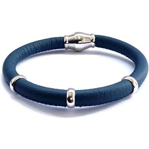 NIEUW! - Jolla - dames  armband zilver - leer - magneetsluiting - bedels - Single Silver  - Donker Blauw