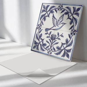 Wallfluent Vinyl Wandpaneel - Vogel tussen plantenmotief Zelfklevend Wandpaneel - 50 cm x 50 cm - Blauw PVC wandpaneel - Set van 4 - Vierkant Wandbekleding Vinyl - Bloemen Wandpaneel - PVC Muurpaneel - Wandpaneel Keuken en Badkamer