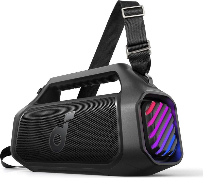 NEW soundcore Anker Boom 2 Plus Buitenluidspreker, bluetooth, 140 W, 2+2 kanalen, BassUp 2.0, 20 uur, snel opladen, IPX7-waterdicht, RGB-verlichting, USB-C, powerbank, voor kamperen, strand, tuin- Zwart