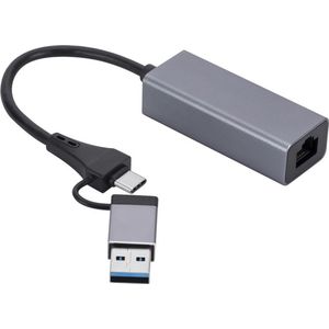 2-IN-1 USB 3.0 + USB-C naar Ethernet Adapter - Koppelstuk - 10/100/1000 MBps - Netwerk RJ45 Internet Adapter - Geschikt voor o.a. Macbook, Laptop en Telefoon - Grijs - Compact - Provium