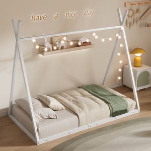 Sweiko Kinderbed, 90x200cm ijzeren frame bed, Babybed, driehoekig, stabiel,Uniek en stevig, Wit