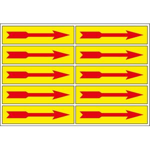 Pijl sticker met gele achtergrond, rood 80 x 20 mm - 10 per vel