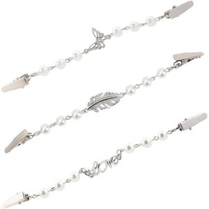 1 Box 3Pcs 3 Styles Sweater Chain Scarf Clips - Pearl Beads - Vintage Butterfly Feather Love Alloy Decorative Vest Clip Brooch Pins - Voor Vrouwen Kleding Accessoires