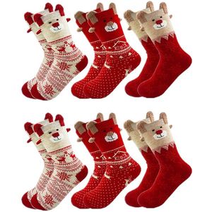 6-Pack dameskerstsokken - Kerstpatroon - Feestelijke katoenen kerstsokken - Rendier - sneeuwvlokpatroon - Kerstcadeau voor dames - Kleurrijke sokken - Maten 34-40 Katoenen sokken - Rood