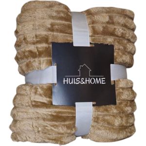 Huis&Home - Fleece deken - ribstof - luxe plaid XL - Bedsprei - beige - 180x200 cm