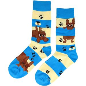 Sokken - Hond Dog Streep Blauw Creme Bruin - Katoen - Uniseks - Schoenmaat 38-45 Funny Happy Crazy Lol Socks