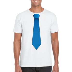 Wit t-shirt met blauwe stropdas heren M