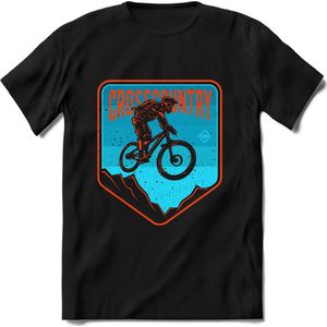 Crosscountry | TSK Studio Mountainbike kleding Sport T-Shirt | Blauw - Oranje | Heren / Dames | Perfect MTB Verjaardag Cadeau Shirt Maat L