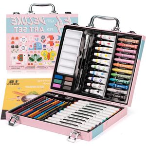 Schilderset voor kinderen beginners - 54 delig tekenset met markeerstiften kleurpotloden acrylverf waskrijt aquareltaart - cadeau idee Tekendoos