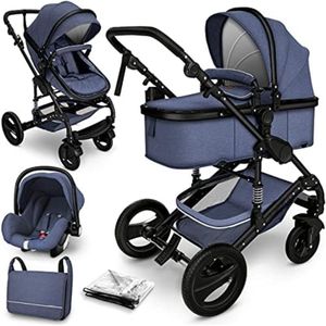 Kinderwagen 3 in 1 - Babywagen 3 in 1 - Wandelwagen - Kinderwagen 3 in 1 Incl Autostoel - Blauw/Zwart